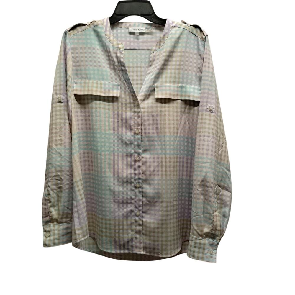 Calvin Klein Womens Size Large Pastel Check Long Sleeve Roll-Tab Button Up Shirt